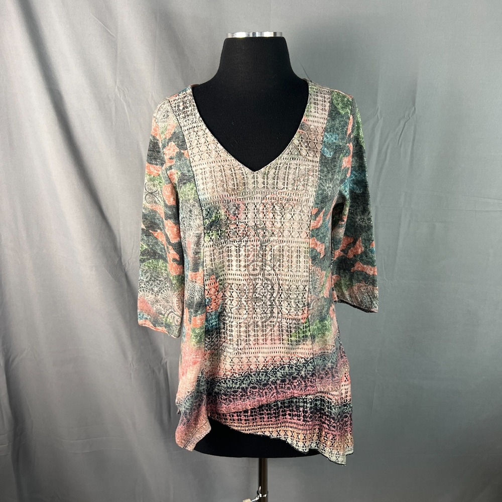 One World Live And Let Live Tunic Top Womens M Multicolor Geometric Asymmetrical